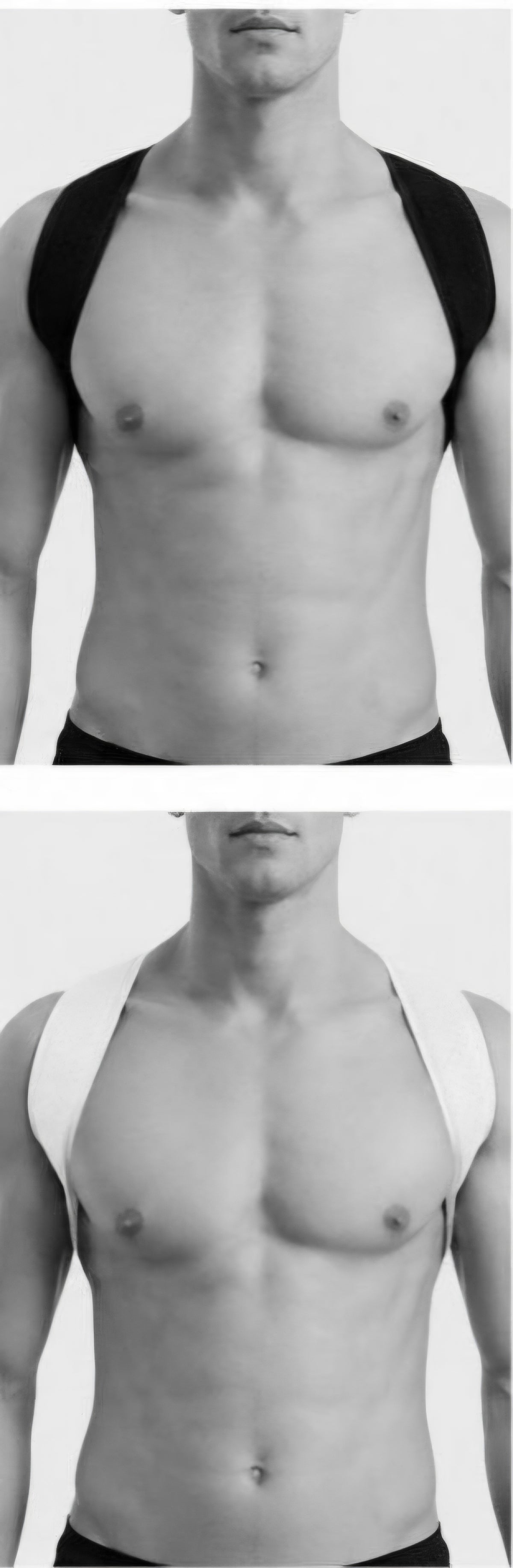 A split-screen grayscale photo showing a male model from the lower face to upper thighs wearing a shoulder support brace. The top panel shows the brace in black, and the bottom panel shows the same brace in white against a light gray background.
