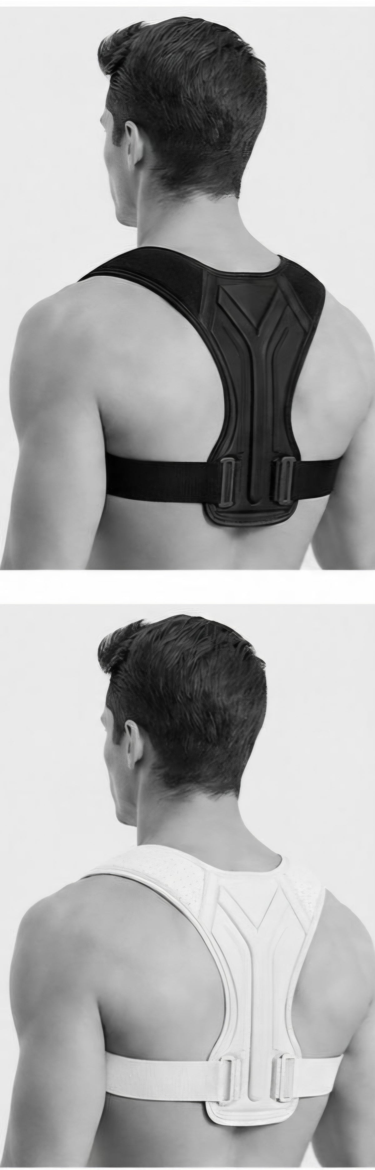 A man shown from the back wearing a posture corrector brace in two color options: black on top and white on the bottom, set against a plain light gray background.